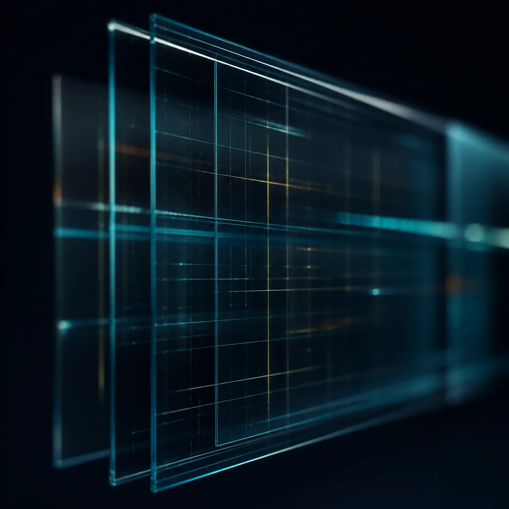Paneles de vidrio con líneas de datos ámbar y cian / Glass panels with amber and cyan data lines