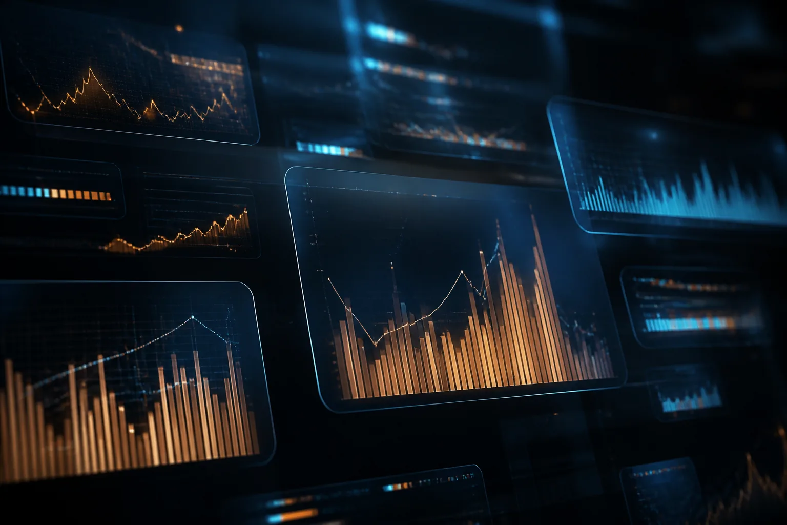 Tablero de paneles de datos flotantes en ámbar y cian sobre azul marino / Floating data panels dashboard in amber and cyan on navy